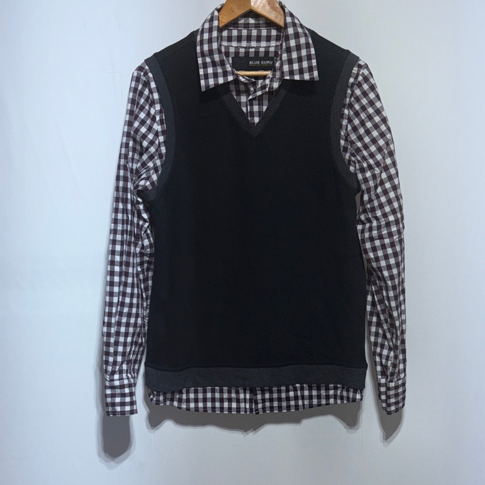 Blue Guru Men's Black Sweater Vest with Checkered Shirt Combo Size Medium